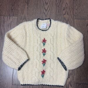 ZARA Cream Cable Knit Sweater with Red Floral Embroidery size 18/24